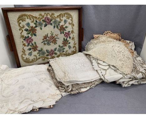 An oak tea tray inset with a hand embroidered tapestry flower patterned panel and a good collection of linen and lace includi