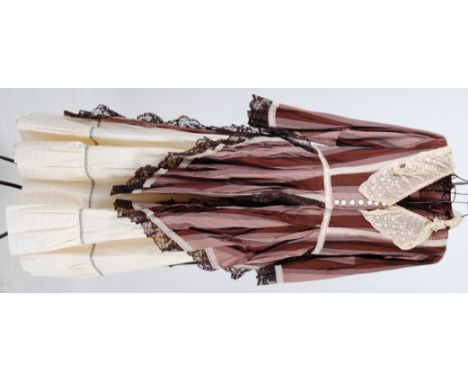 EDWARDIAN: Edwardian two piece button front outfit with lace detailing .  Skirt has bustle to rear and a straight train 

NOT
