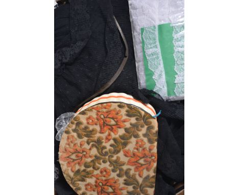 COSTUME MISC: Box of general costumiers items to include;
- mixed white and black lace with embroidery set in a woven sewing 