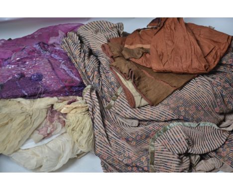 COSTUME MISC: Box of general costumiers items to include;
-sequin dress, chiffon skirt, bone tops, Victoriana, lace and silk 