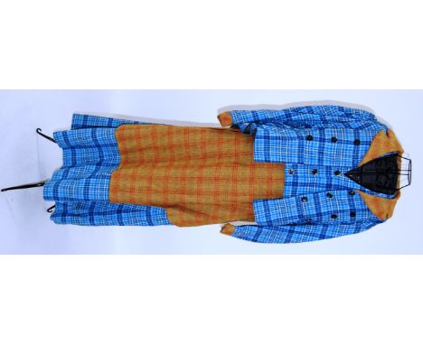 EDWARDIAN SUIT: Edwardian 3 piece sports suit in light blue check . Jacket , waistcoat and a skirt with a front pannier . app