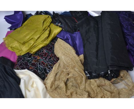 COSTUME MISC: Box of general costumiers items to include; - Large quantity of fabric off-cuts to include; gold netting, print