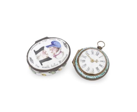 Two South Staffordshire enamel patch boxes, circa 1800One in the form of a pocket watch with a gilt metal hinge, mount and ha