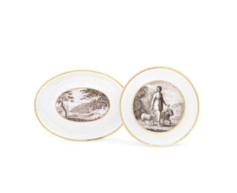 A Flight and Barr Worcester saucer and a teapot stand, circa 1795Both painted in brown monochrome perhaps by John Pennington,