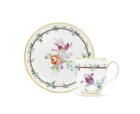 A Worcester coffee cup and saucer, circa 1770Decorated in the Giles workshop with the so-called 'Sheridan' pattern of generou