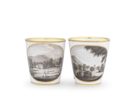 Two Flight and Barr Worcester beakers, circa 1795Plain tapering shapes, both painted with an oval panel in black monochrome b