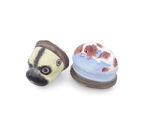 Two South Staffordshire enamel bonbonnières, late 18th centuryOne realistically modelled and coloured as a pug dog's head, th