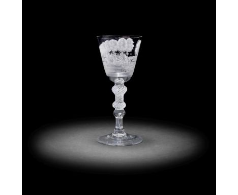 A fine Dutch engraved composite stem light baluster goblet signed by Jacob Sang, dated 1760The generous round funnel bowl dec