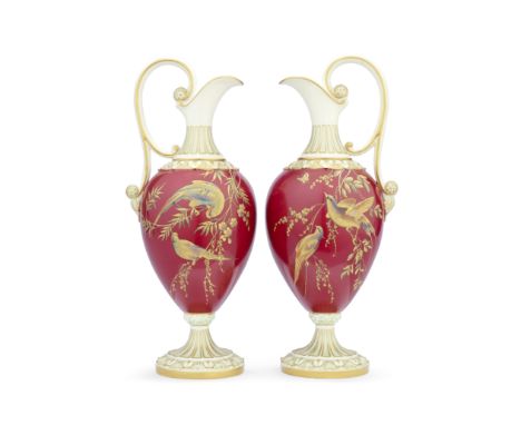 A pair of Royal Worcester ewer vases by Edward Salter, dated 1899 and 1900With ovoid bodies in a rich claret ground and delic