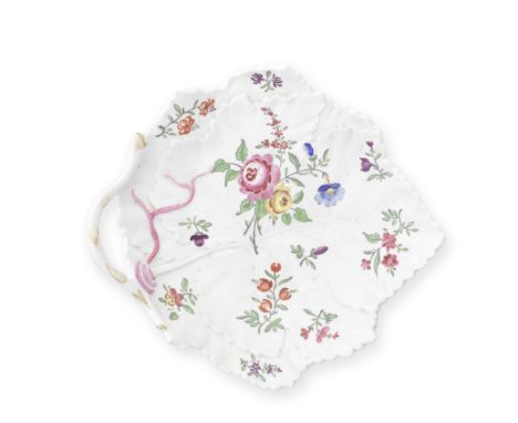 A Worcester leaf dish, circa 1770Crisply moulded as overlapping vine leaves forming a serrated edge, boldly painted in colour