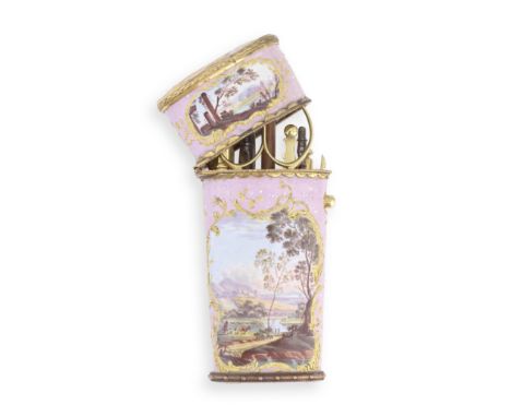 A South Staffordshire enamel etui, circa 1770Of oval section with gilt metal mounts, the tapering sides and cover painted wit