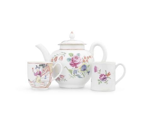 A Worcester teapot and cover, coffee cup and small mug, circa 1768-75The teapot painted with colourful flower sprays, below a