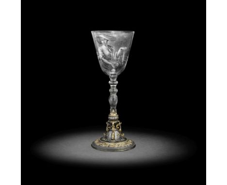 A very rare Dutch stipple-engraved light baluster goblet by Frans Greenwood, circa 1744The round funnel bowl decorated with a