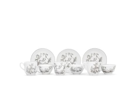 Three Worcester coffee cups, teabowls and saucers, circa 1756-60Printed in black after Jean Pillement with 'Les Garçons Chino