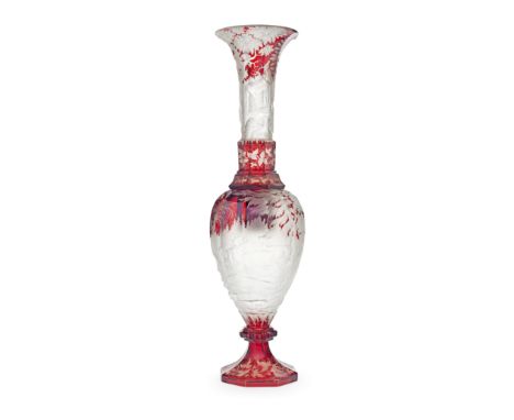 An impressive Bohemian ruby stained and engraved exhibition vase, circa 1850-60Of generous baluster shape, the separate tall 