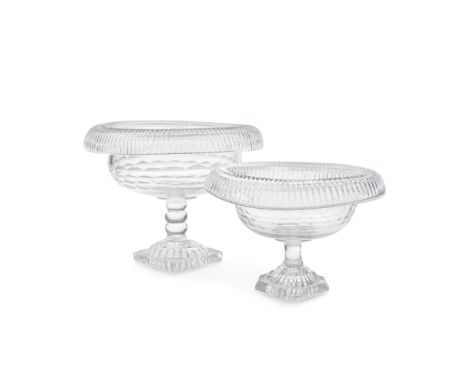 Two Irish cut glass pedestal bowls, circa 1800Probably Cork, with generous 'turnover' rims cut with bands of fine mitre flute