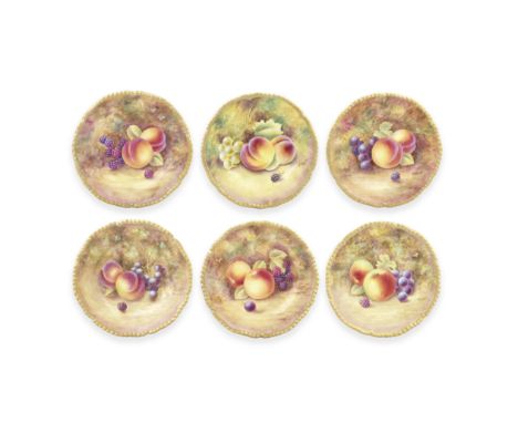 Six Royal Worcester 'Painted Fruit' small plates, circa 1975Painted with autumn fruits and berries amongst leaves on mossy gr