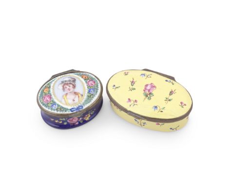 Two South Staffordshire enamel patch boxes, circa 1770-90Of oval form with hinged covers, one painted with the portrait of a 