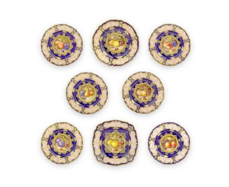 A Royal Worcester 'Painted Fruit' part dessert service by Richard Sebright, dated 1918, one plate dated 1931Comprising six pl