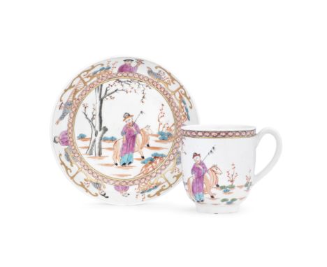 A rare Worcester coffee cup and saucer, circa 1768-72Painted with an unusual Mandarin pattern, a shepherd standing with his s