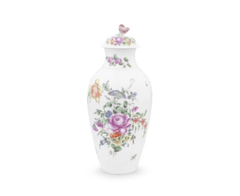 A Worcester vase and cover, circa 1758-60Of ovoid form, the low domed cover with a flower finial, painted in Meissen style wi