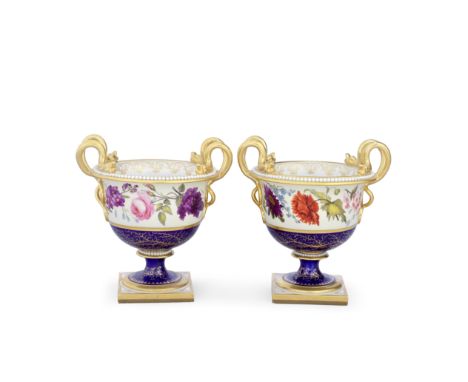 A good Pair of Flight, Barr and Barr Worcester vases, circa 1820Of campana shape raised on square bases, the double entwined 