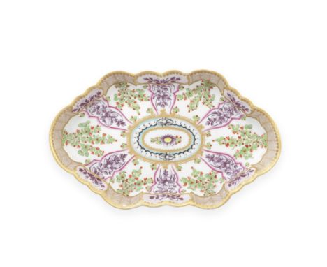 A Worcester spoon tray, circa 1775Of lobed hexagonal form, richly decorated with the 'Holly Berry' pattern, panels of purple 