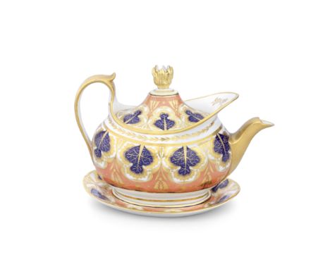 A Barr, Flight and Barr Worcester teapot, cover and stand, circa 1810Of oval 'prow' shape with a flamiform knop, decorated wi