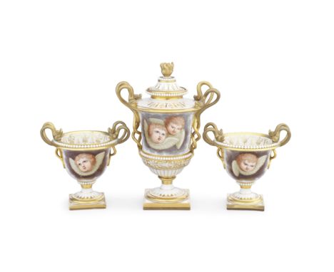 A garniture of three Flight, Barr and Barr Worcester vases, one with a cover, circa 1815-20All with entwined snake handles an