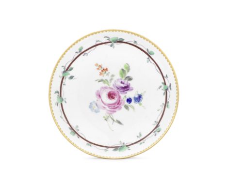 A Worcester saucer, circa 1770Decorated in the Giles workshop with the so-called 'Sheridan' pattern of a mixed flower spray, 
