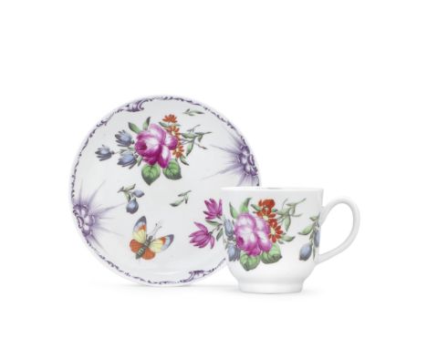 A fine Worcester coffee cup and saucer, circa 1758-60Thinly potted and painted in vibrant enamels with scattered flowers, sma