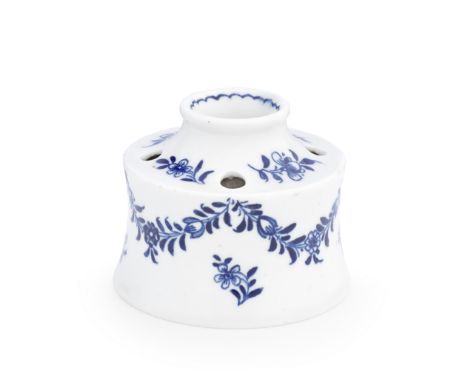 A Lowestoft inkwell, circa 1780-90Of gently waisted capstan form, the shoulder pierced with four holes, the central well with