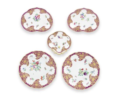 Five Worcester dishes of Hope Edwardes pattern, the porcelain circa 1770Decorated at a later date, the borders with claret co