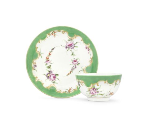 A Worcester teabowl and saucer, circa 1770Decorated with the 'Marchioness of Huntly' pattern, floral festoons spiralling from