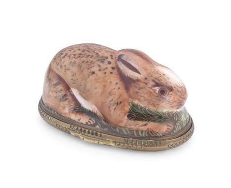 A fine Birmingham or South Staffordshire enamel rabbit bonbonnière, circa 1760-70Modelled as a rabbit crouching in the green 