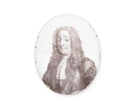Two Battersea enamel plaques, circa 1753-55Of upright oval from, printed in black with a half-length portrait of a gentleman,