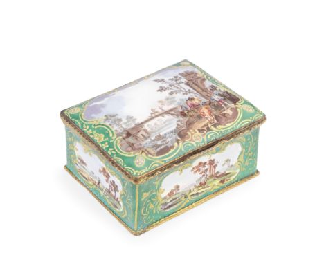 A large South Staffordshire enamel box, circa 1765-70Of rectangular form, with tooled gilt metal mounts, the hinged lid and s