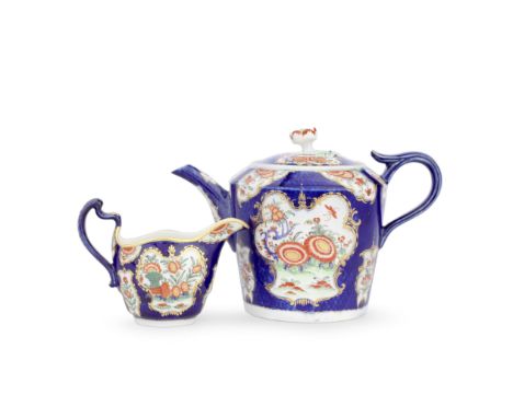 A Flight Worcester cream jug and a teapot and cover, circa 1785-90Both decorated with 'Rich Kakiemon' flower panels including