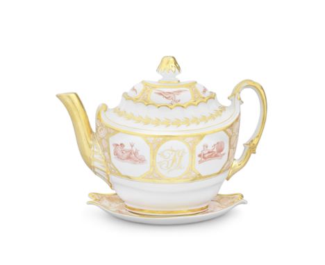 A Flight and Barr Worcester teapot, cover and stand, circa 1800-05Modelled in a distinctive flattened form, decorated with ba