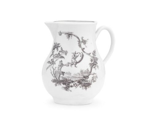 A Worcester sparrow beak jug, circa 1756-60Of baluster shape with a fine, grooved loop handle, printed in black after Pilleme