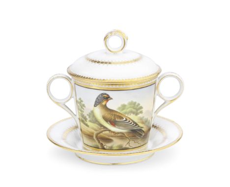 A Chamberlain Worcester chocolate cup, cover and stand, circa 1810Of gently tapering form, with twin ring handles, the cover 