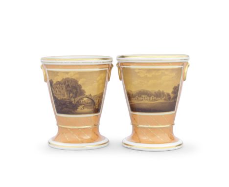 A pair of Flight and Barr Worcester flowerpots and stands, circa 1800With painted topographical views, tapering beaker shape 