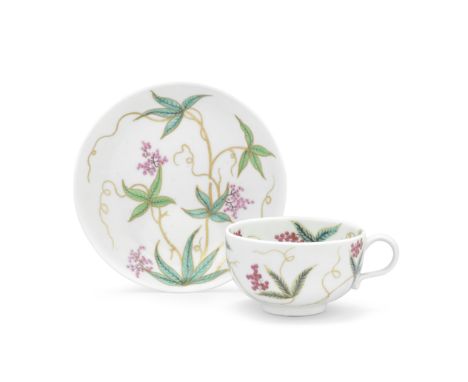 A rare Worcester teacup and a saucer, circa 1765-70Decorated in the Giles workshop, with a plain loop handle, painted in two 