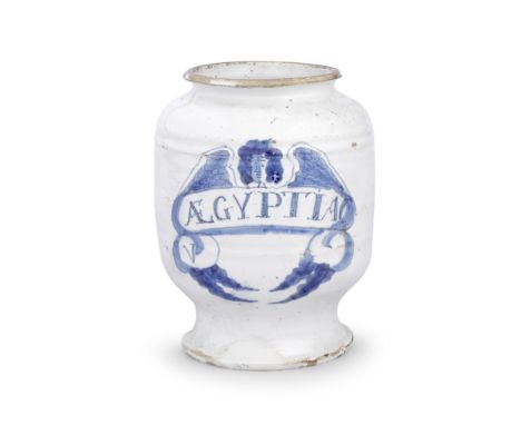 A London delftware drug jar, circa 1680Of ovoid shape, painted in blue with a 'ribbon label panel' inscribed 'V ÆGYPTIAC' sur