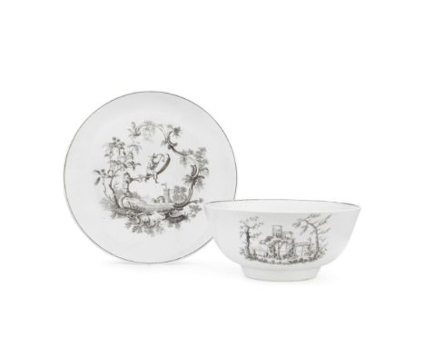 A Worcester saucer dish and slop bowl, circa 1756-60Printed in black with chinoiserie scenes after Jean Pillement, including 