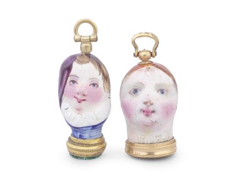 A South Staffordshire enamel seal and a miniature bonbonnière, circa 1770The seal formed as the head of a lady wearing a purp