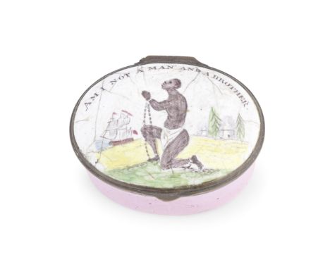 A South Staffordshire enamel anti-slavery patch box, circa 1800Of oval form, the hinged lid printed and hand-coloured with a 