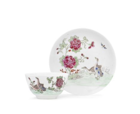 A Worcester teabowl and saucer, circa 1755Decorated with the 'Two Geese' pattern, transfer printed in outline and filled in w