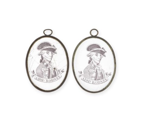 Two Liverpool enamel plaques, circa 1775-78Of upright oval form, printed in dark brown with a portrait of Admiral Rodney, pro
