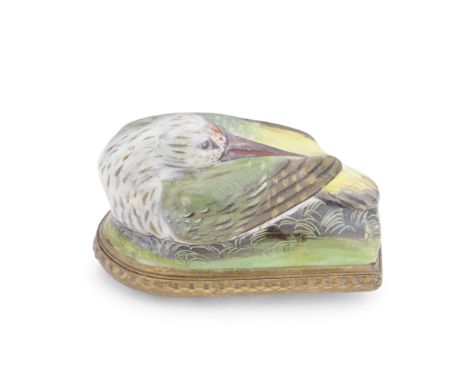 A rare Birmingham or South Staffordshire enamel bird bonbonnière, circa 1770Modelled as a jack snipe nestled in the grass, wi